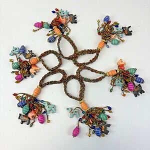 Lot of 6 Napkin Rings Pier 1 Colorful Beaded Wooden Animal Charms Bohemian Style